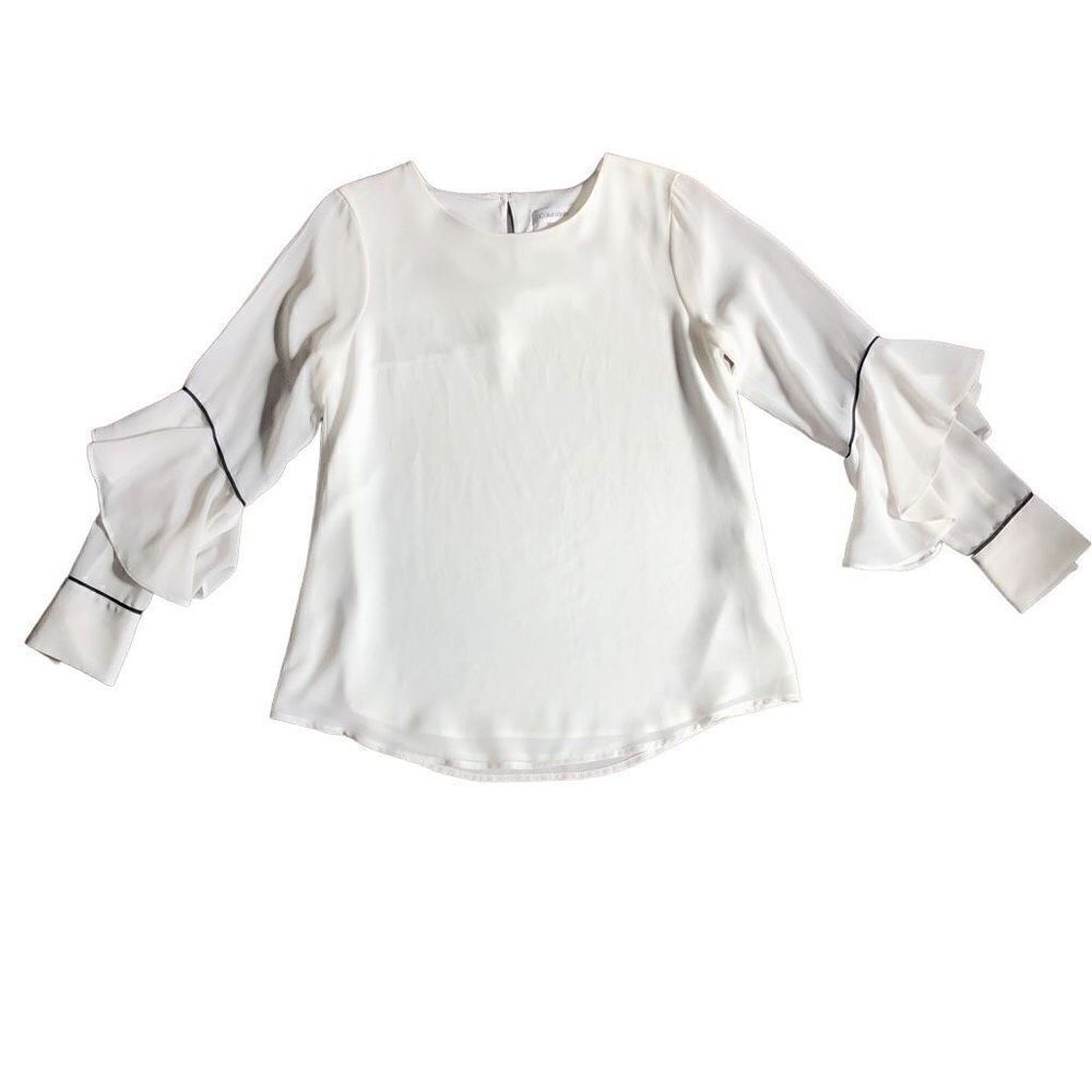Calvin Klein Women’s White Blouse Ruffle Sleeve Pullover Size Small